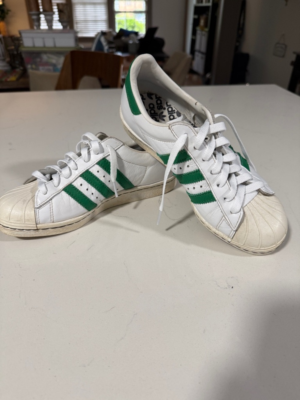 adidas White Shell Toes with Green Stripes